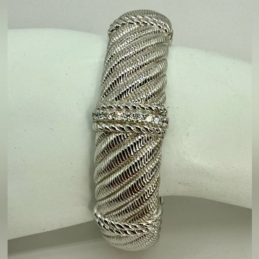 Vintage Judith Ripka Sterling Silver Cuff Bracelet with White Crystals 6.5”